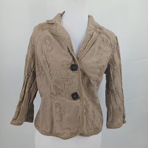Womens Vintage R.Q.T. linen embroidered blazer tan brown size medium chic